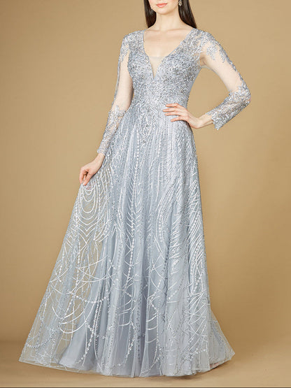 Long Sheer Sleeve V-Neckline Sheath Gown by Lara New York