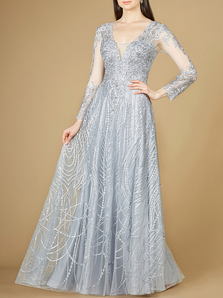 Long Sheer Sleeve V-Neckline Sheath Gown by Lara New York
