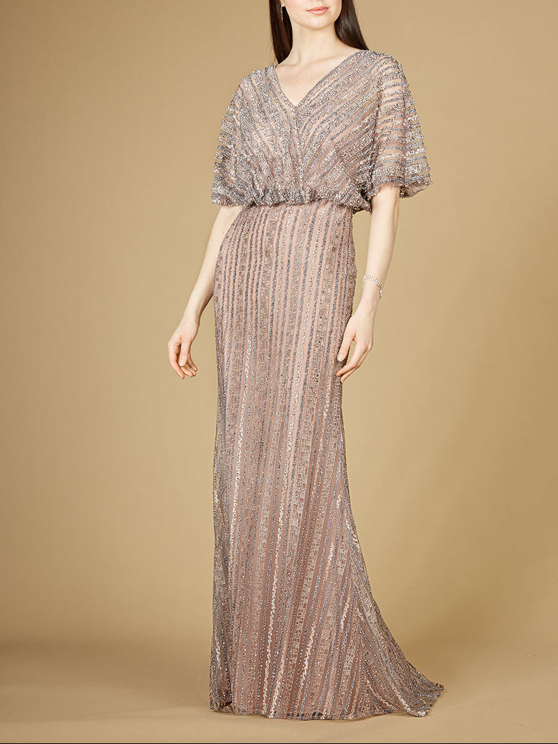 Cape Sleeve V-Neck Gown with Geometric Beading by Lara New York