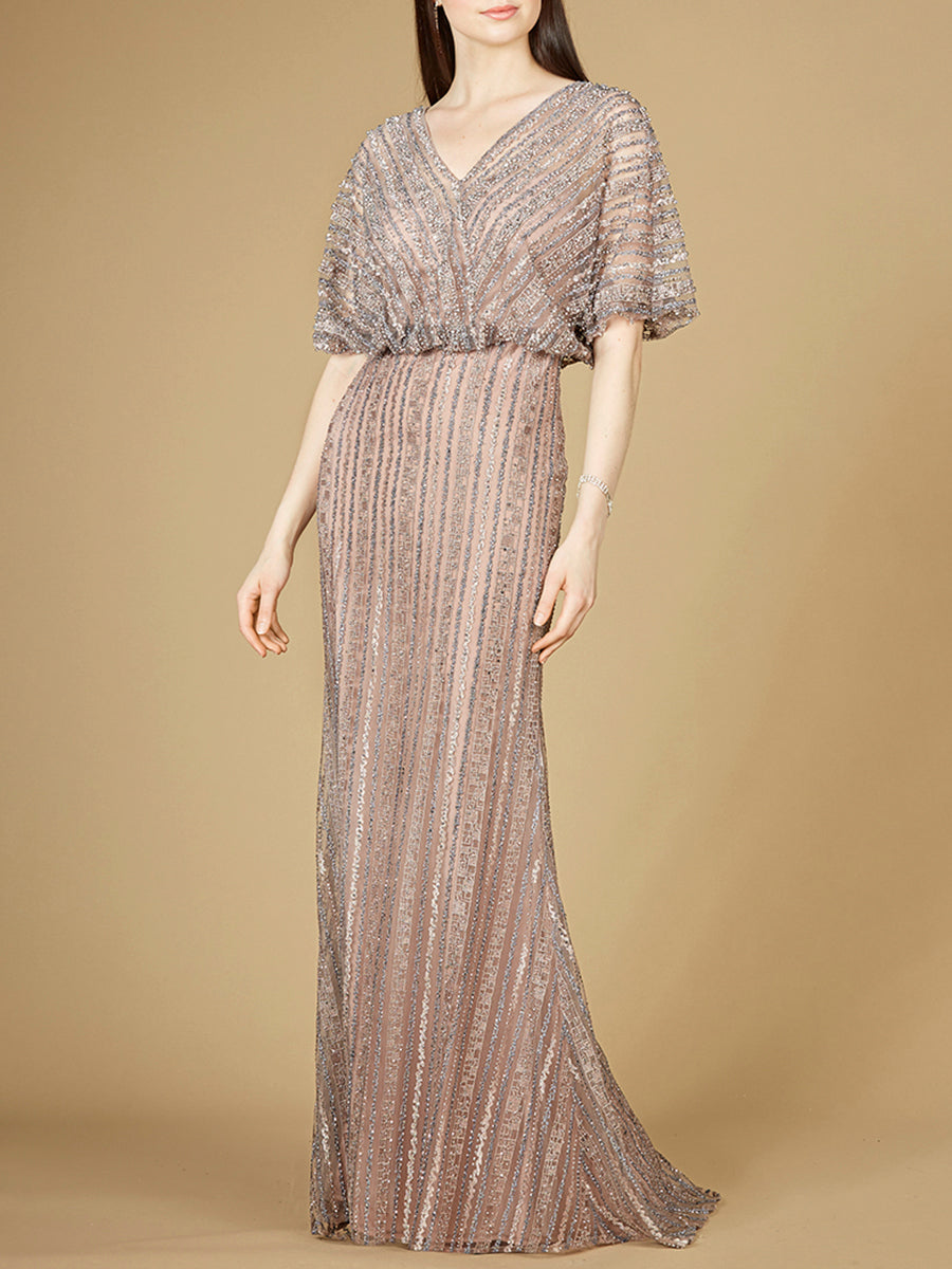 Cape Sleeve V-Neck Gown with Geometric Beading by Lara New York