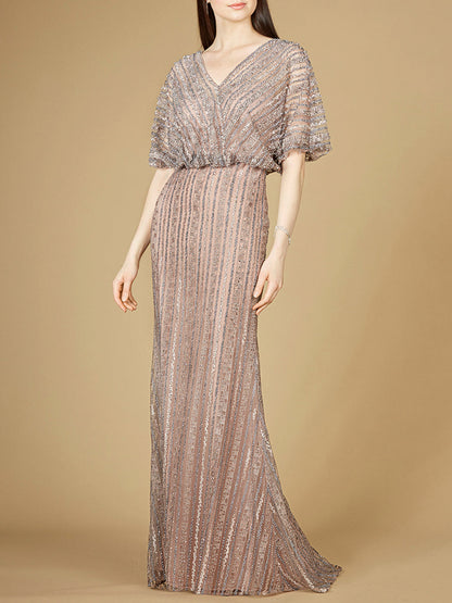 Cape Sleeve V-Neck Gown with Geometric Beading by Lara New York