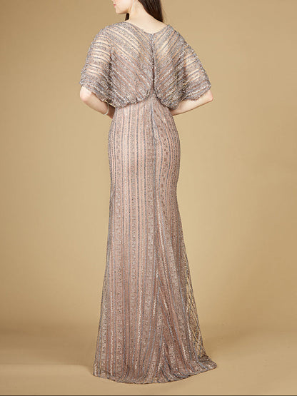 Cape Sleeve V-Neck Gown with Geometric Beading by Lara New York
