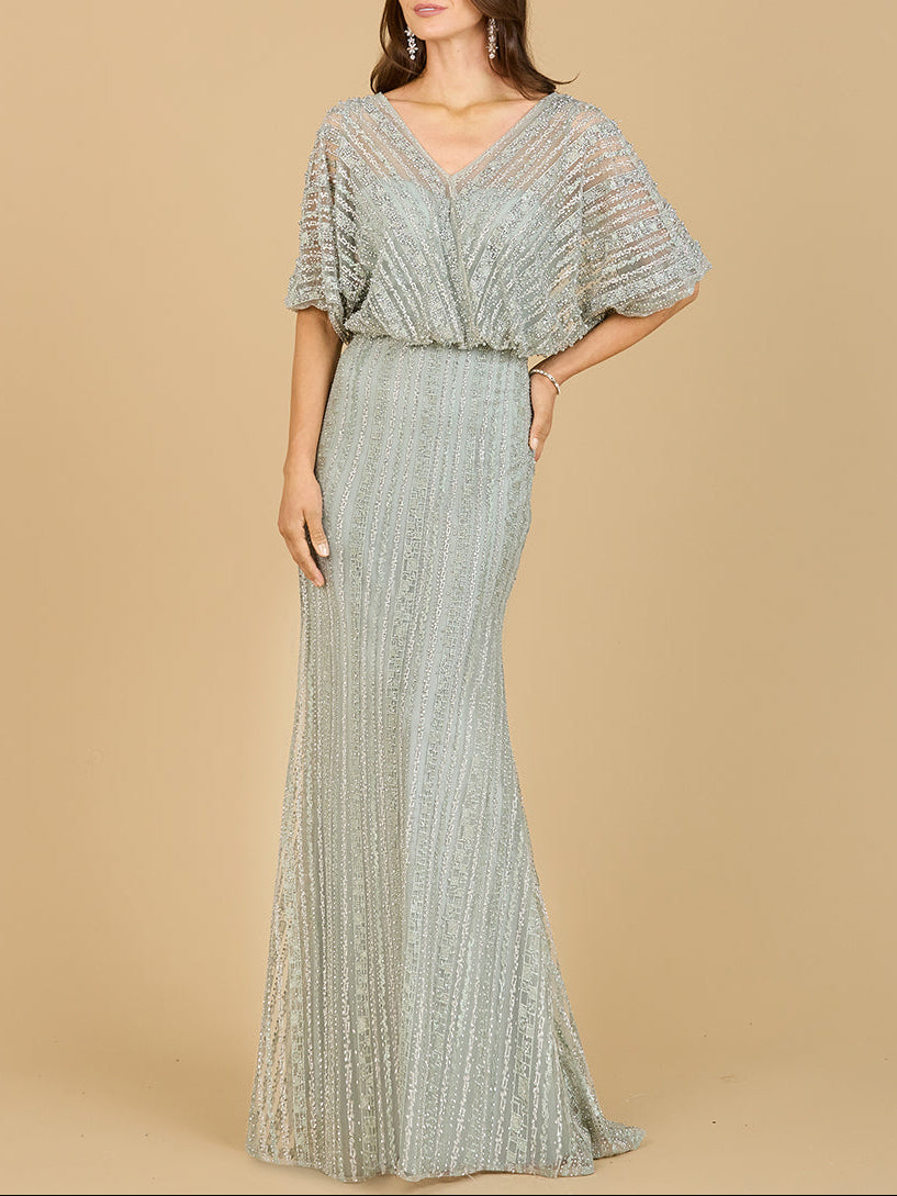 Cape Sleeve V-Neck Gown with Geometric Beading by Lara New York