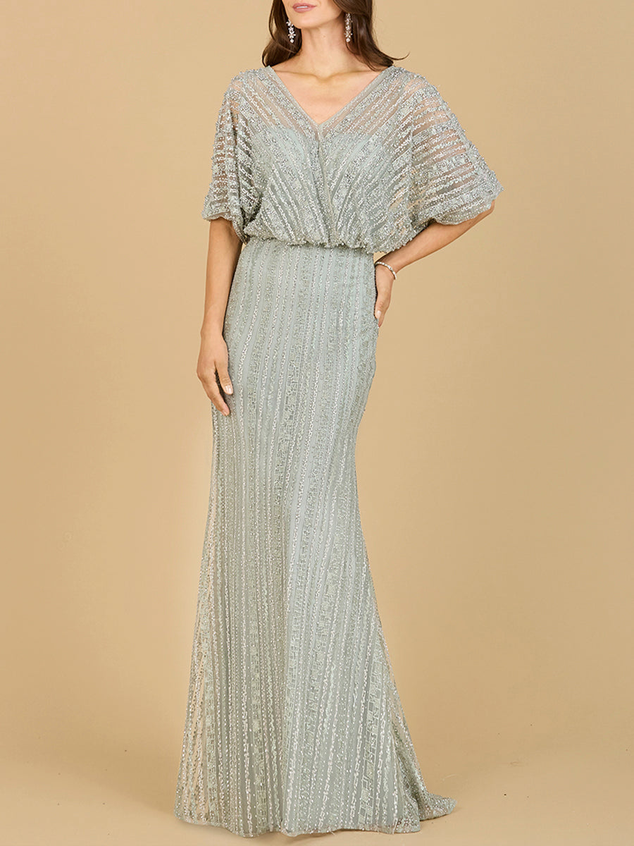 Cape Sleeve V-Neck Gown with Geometric Beading by Lara New York