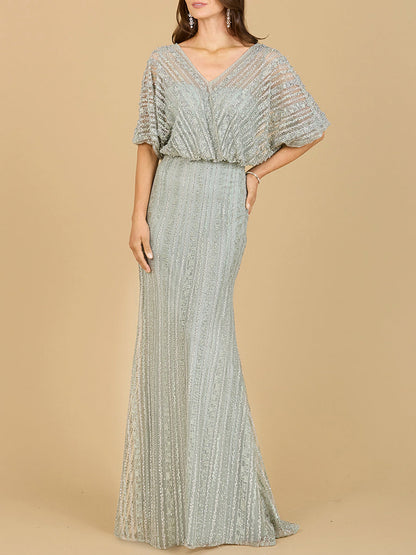Cape Sleeve V-Neck Gown with Geometric Beading by Lara New York