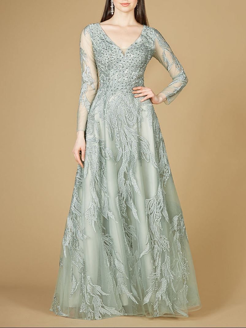 Long Sleeve Lace Ballgown with V-Neck by Lara New York
