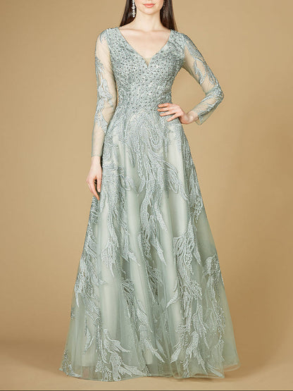 Long Sleeve Lace Ballgown with V-Neck by Lara New York