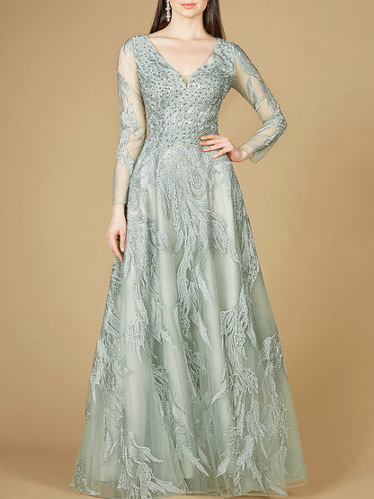 Long Sleeve Lace Ballgown with V-Neck by Lara New York