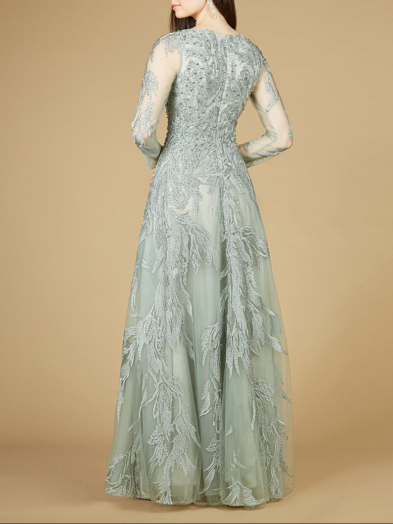 Long Sleeve Lace Ballgown with V-Neck by Lara New York