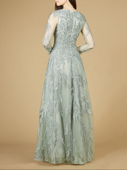 Long Sleeve Lace Ballgown with V-Neck by Lara New York