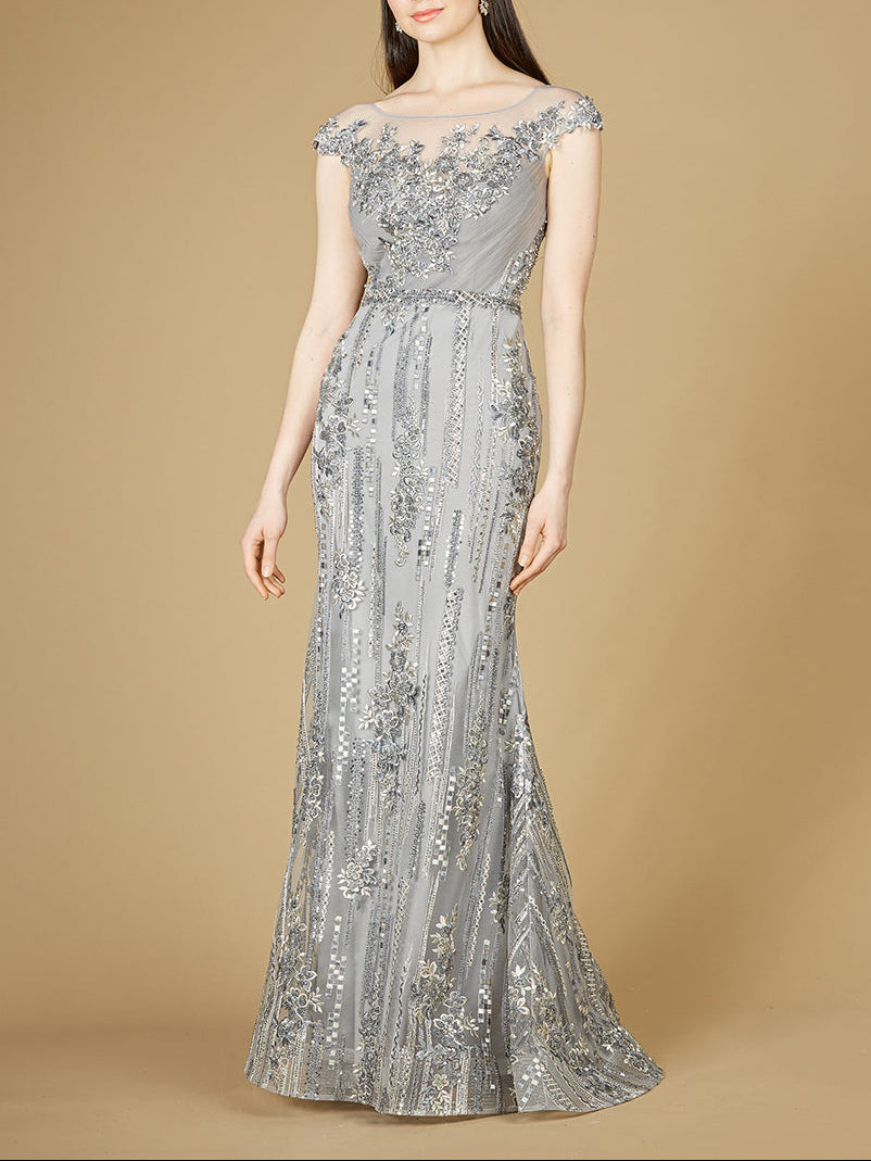 Cap Sleeve, Mermaid Lace Gown with High Neck OUTLET by Lara New York