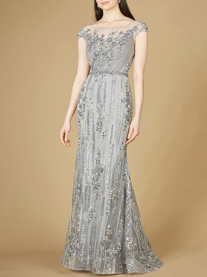 Cap Sleeve, Mermaid Lace Gown with High Neck OUTLET by Lara New York