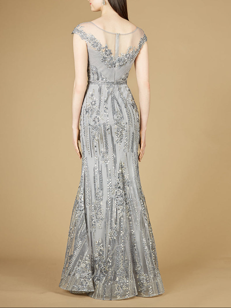 Cap Sleeve, Mermaid Lace Gown with High Neck OUTLET by Lara New York