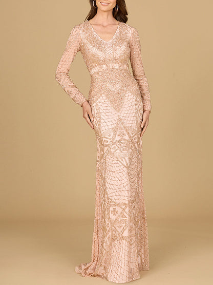 Beaded Long Sleeve V-neck Gown by Lara New York