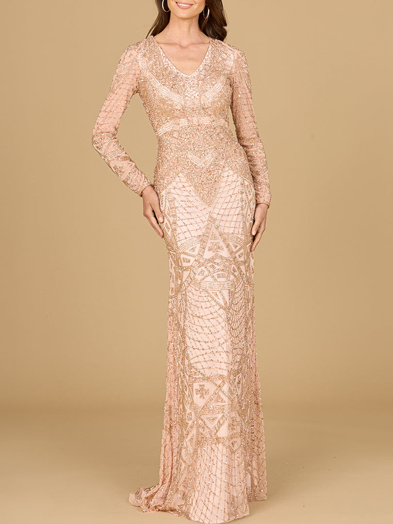 Beaded Long Sleeve V-neck Gown by Lara New York