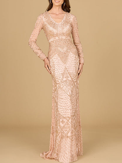 Beaded Long Sleeve V-neck Gown by Lara New York