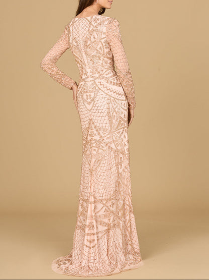 Beaded Long Sleeve V-neck Gown by Lara New York