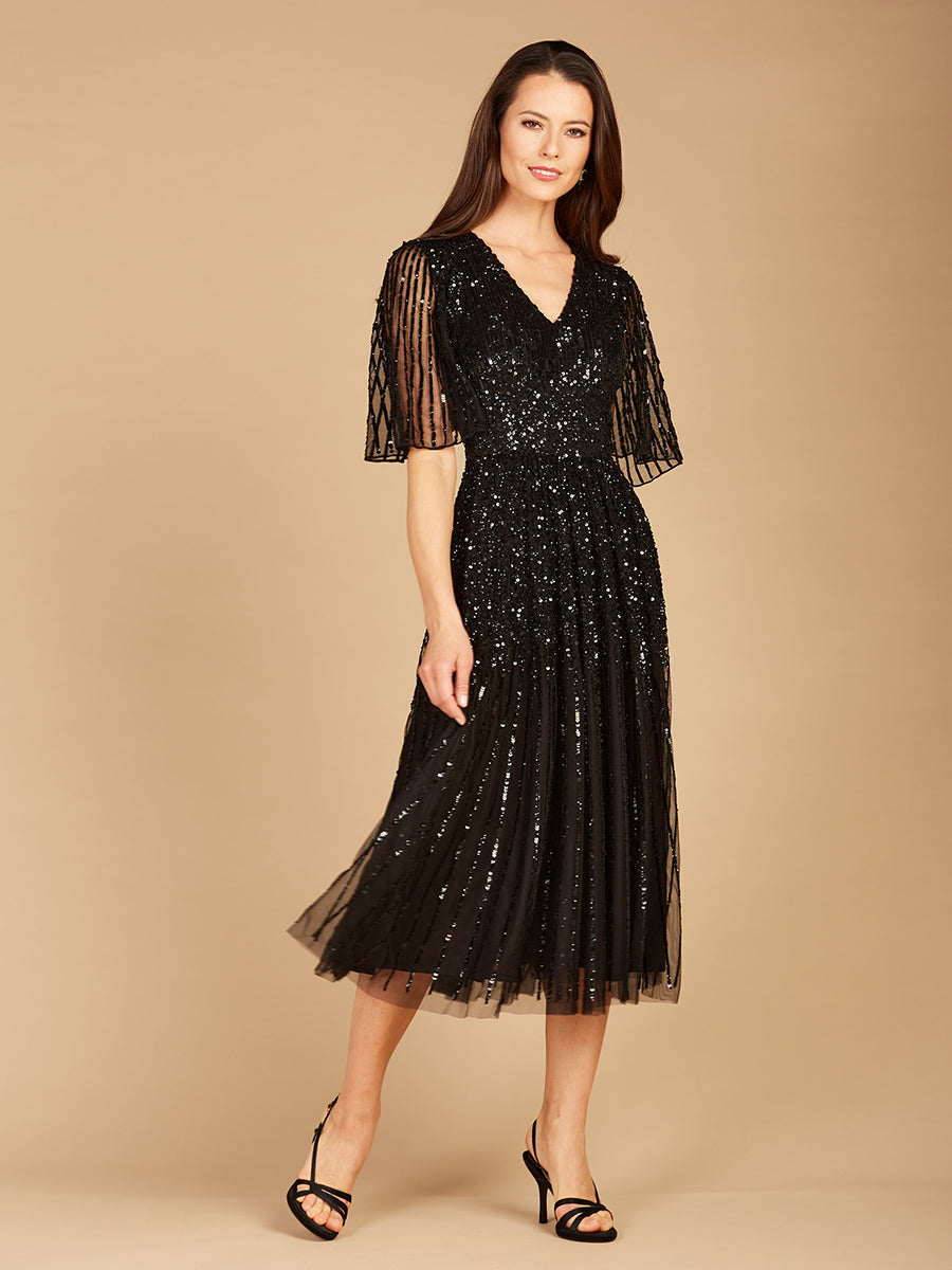 Flowing, Sequin Midi Dress with Short Sleeves | 29221 by Lara New York