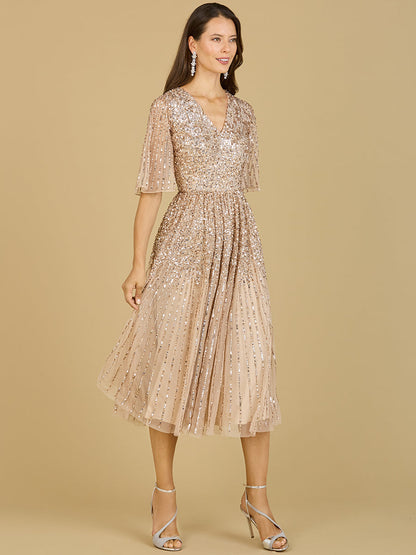 Flowing, Sequin Midi Dress with Short Sleeves | 29221 by Lara New York