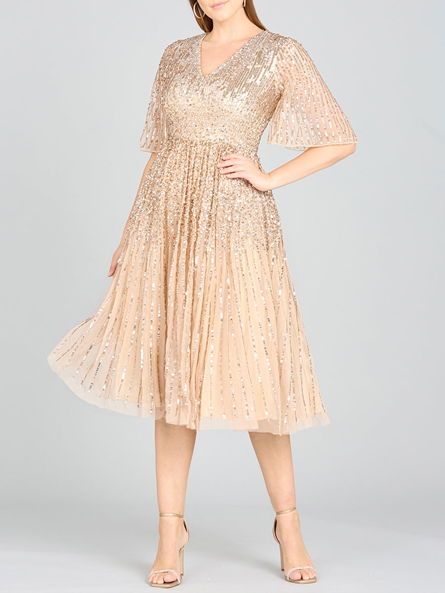 Flowing, Sequin Midi Dress with Short Sleeves | 29221 by Lara New York