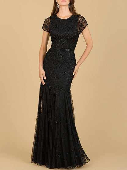 Beaded Mermaid Cap Sleeve Gown by Lara New York