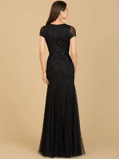 Beaded Mermaid Cap Sleeve Gown by Lara New York