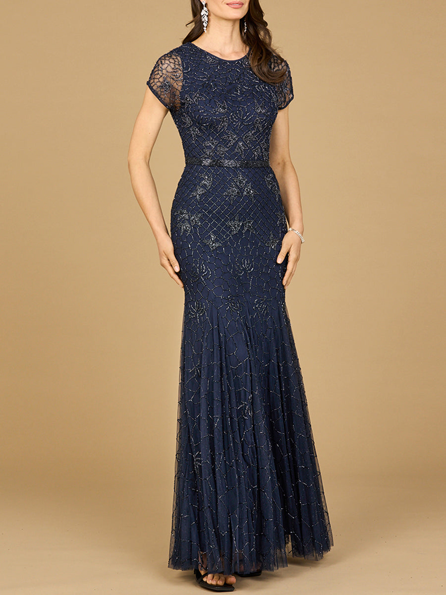 Beaded Mermaid Cap Sleeve Gown by Lara New York