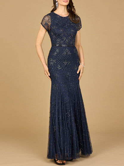 Beaded Mermaid Cap Sleeve Gown by Lara New York
