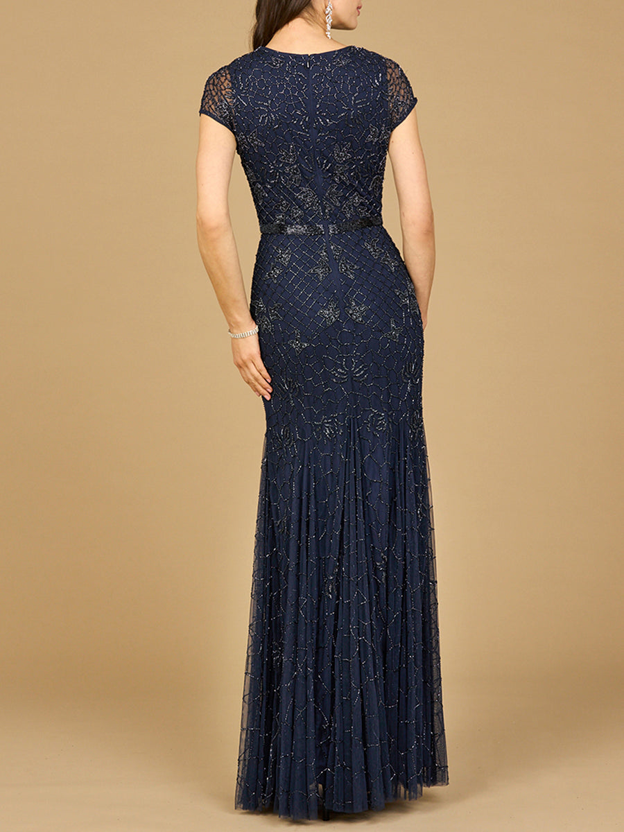 Beaded Mermaid Cap Sleeve Gown by Lara New York