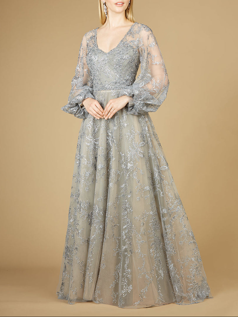 V Neckline Balloon Sleeve Gown by Lara New York