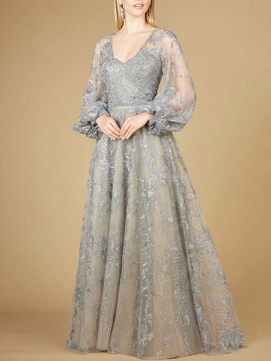 V Neckline Balloon Sleeve Gown by Lara New York