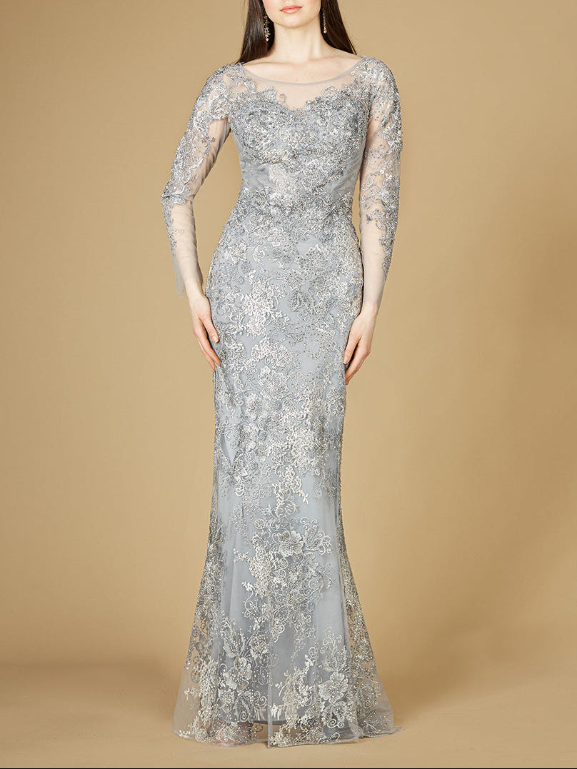 High Neck Long Sleeve Fitted Lace Gown by Lara New York