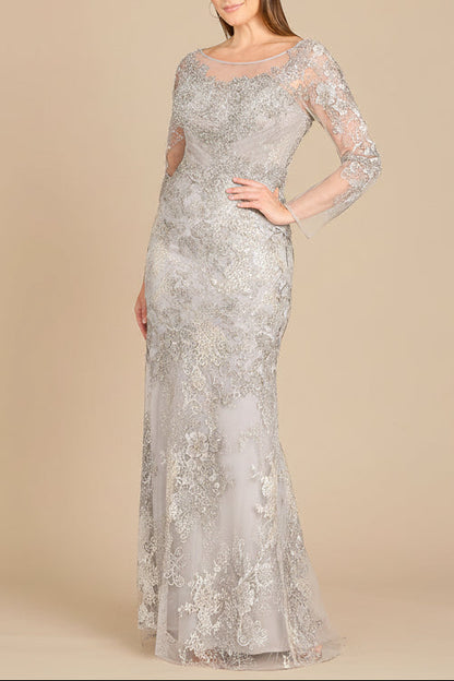 High Neck Long Sleeve Fitted Lace Gown by Lara New York