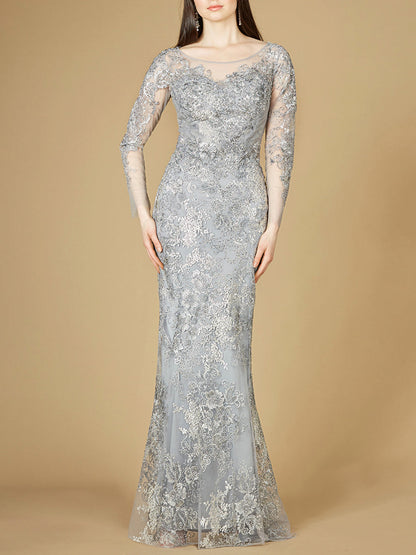 High Neck Long Sleeve Fitted Lace Gown by Lara New York
