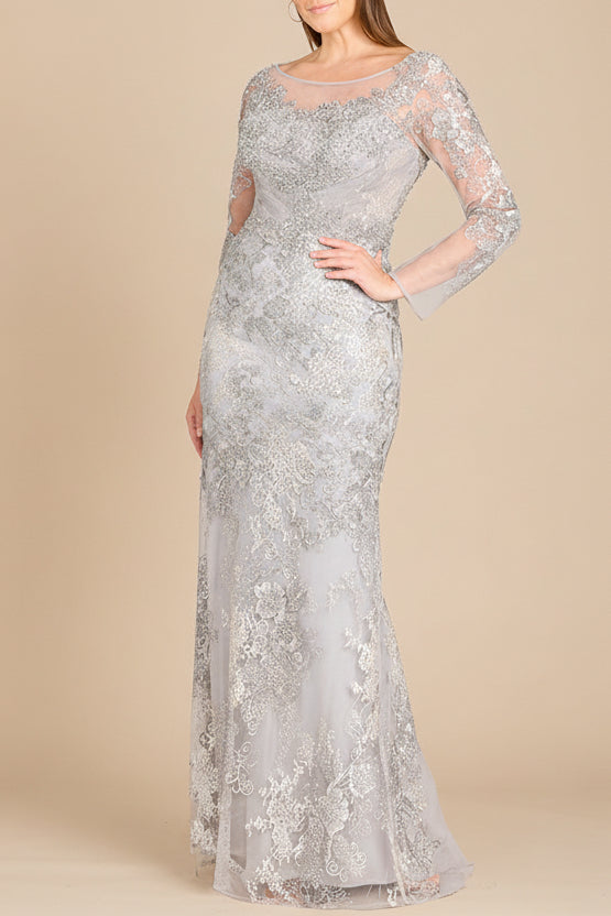 High Neck Long Sleeve Fitted Lace Gown by Lara New York