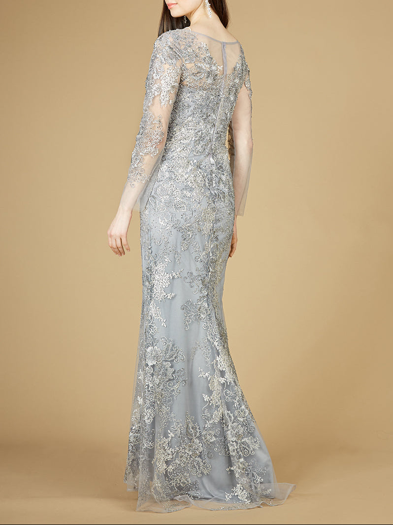 High Neck Long Sleeve Fitted Lace Gown by Lara New York