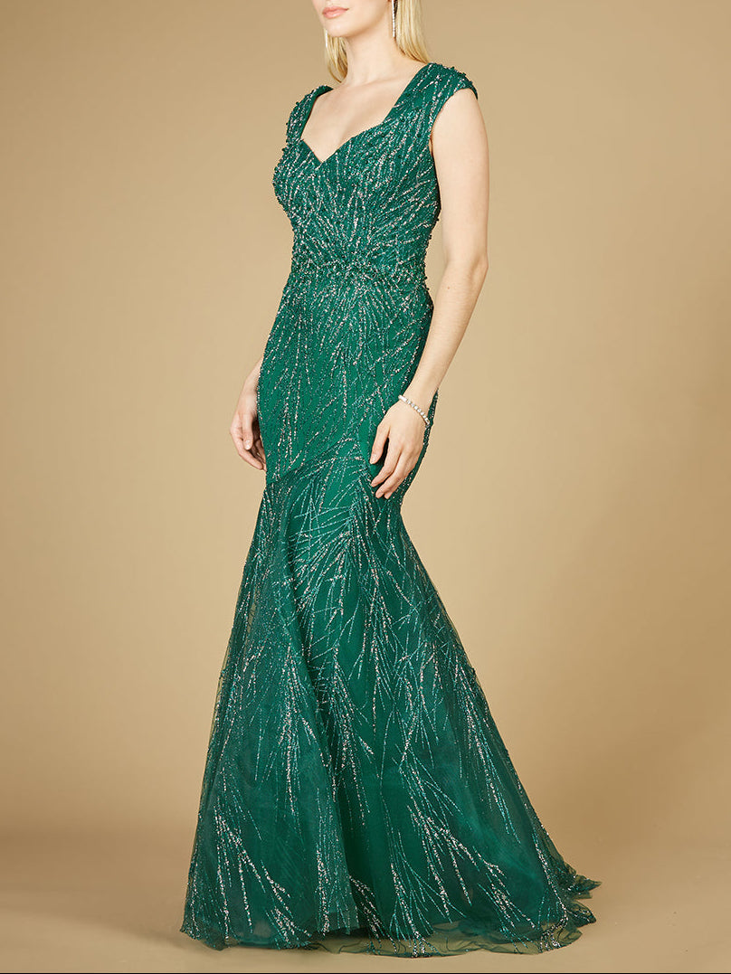 Cap Sleeve Mermaid Beaded Gown by Lara New York