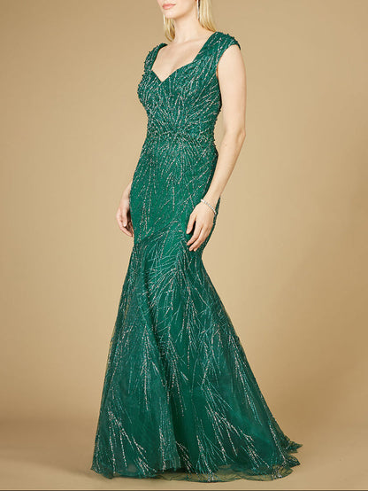 Cap Sleeve Mermaid Beaded Gown by Lara New York