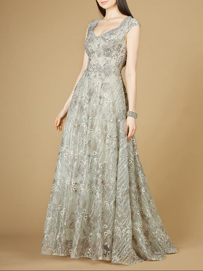 Cap Sleeve V-Neck Lace A-line Gown by Lara New York