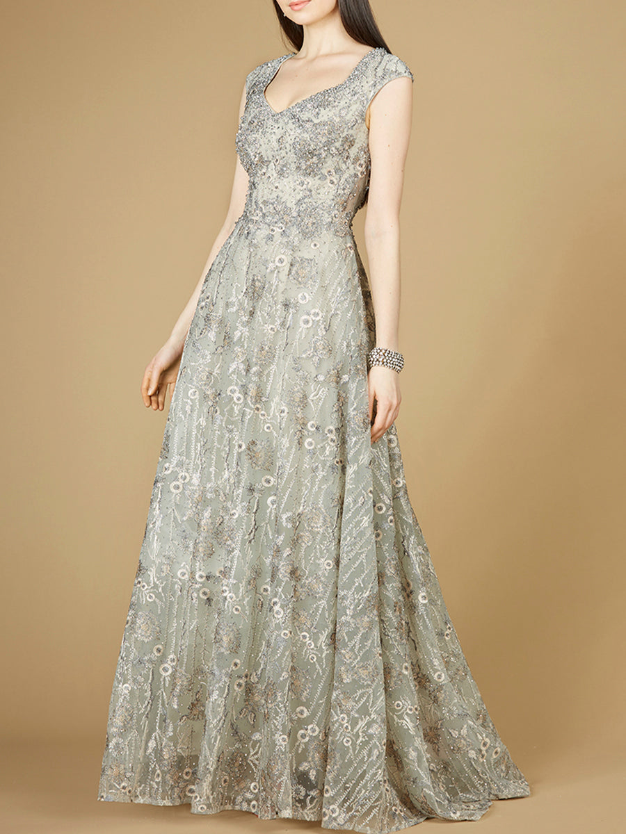 Cap Sleeve V-Neck Lace A-line Gown by Lara New York