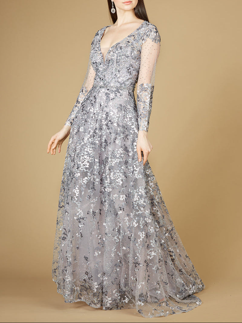 A-line Gown With Long Sleeves, V-Neckline by Lara New York