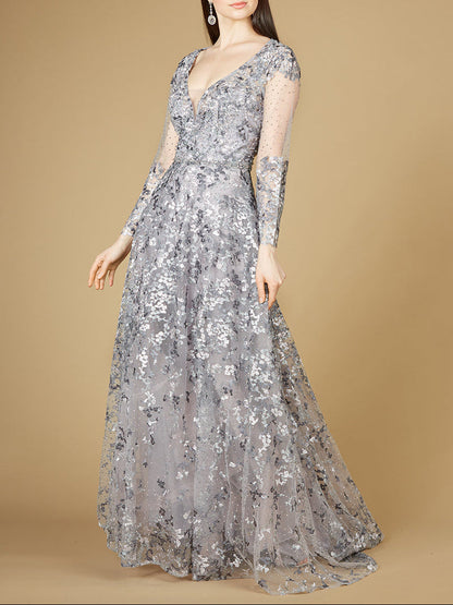 A-line Gown With Long Sleeves, V-Neckline by Lara New York