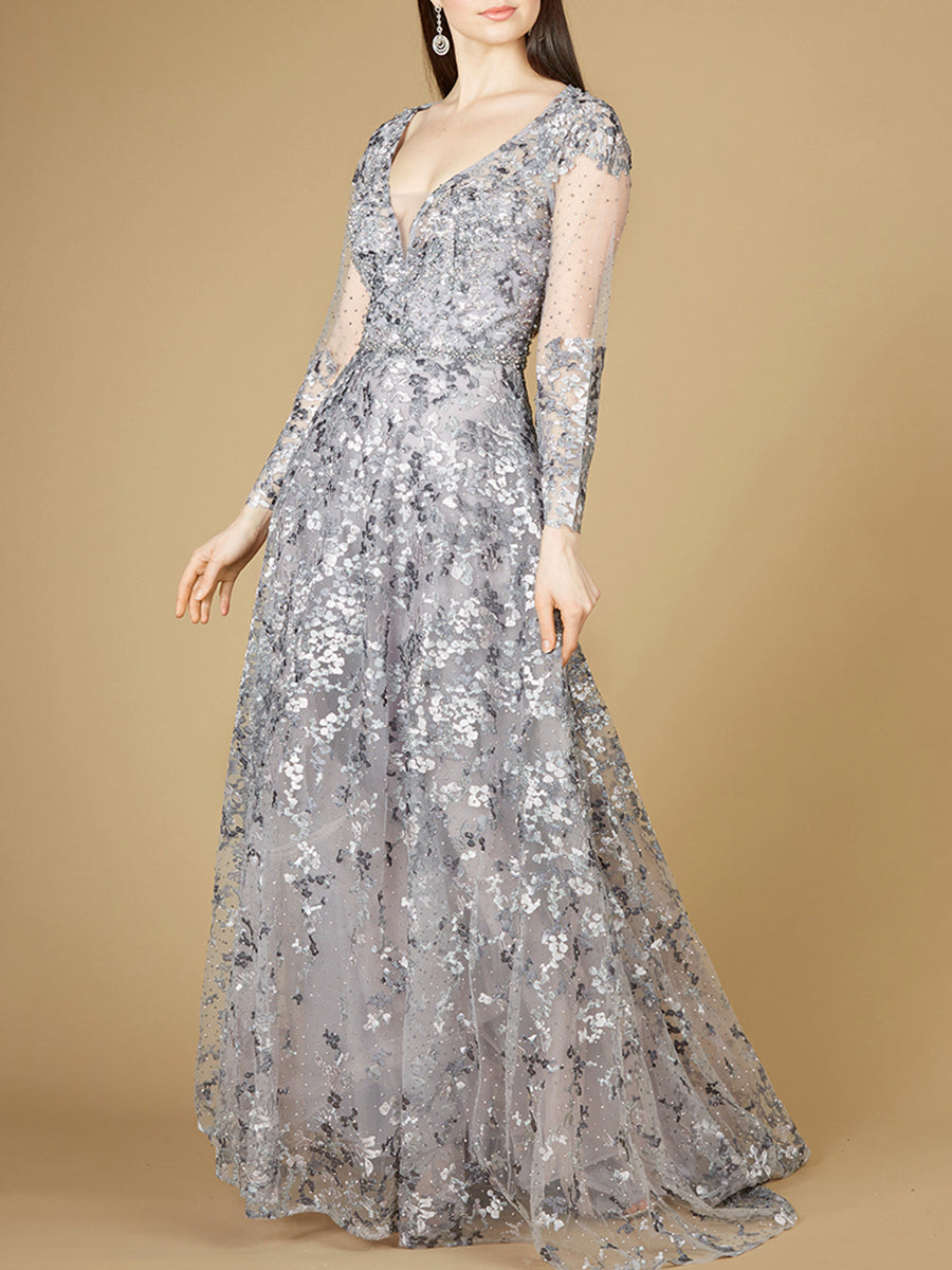 A-line Gown With Long Sleeves, V-Neckline by Lara New York