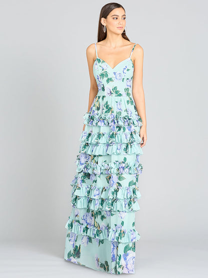 Ruffle Skirt Printed Gown with Spaghetti Straps - OUTLET by Lara New York