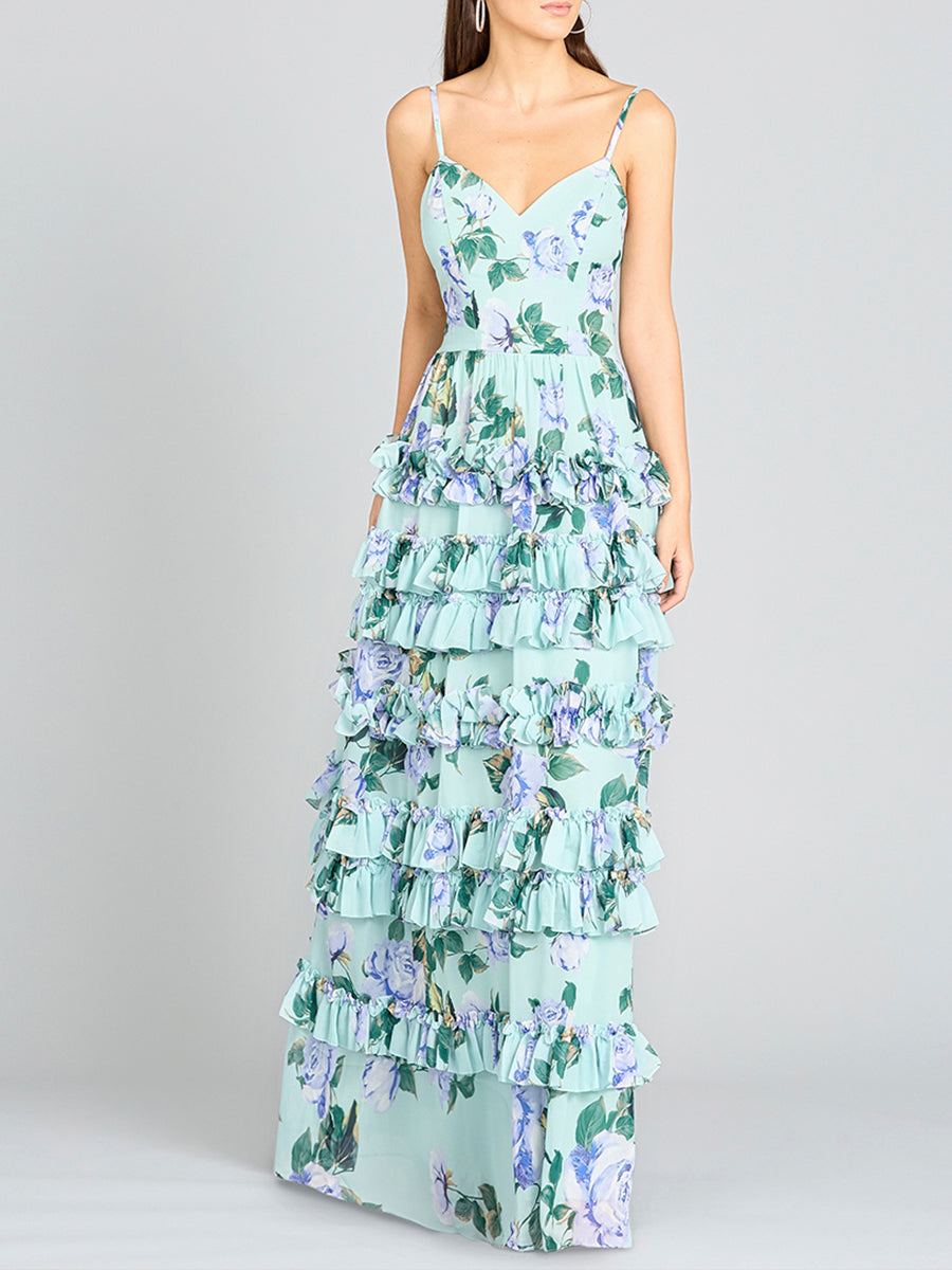 Ruffle Skirt Printed Gown with Spaghetti Straps - OUTLET by Lara New York