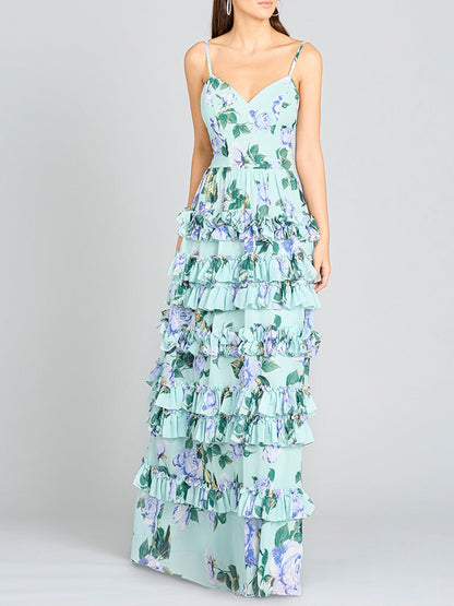 Ruffle Skirt Printed Gown with Spaghetti Straps - OUTLET by Lara New York