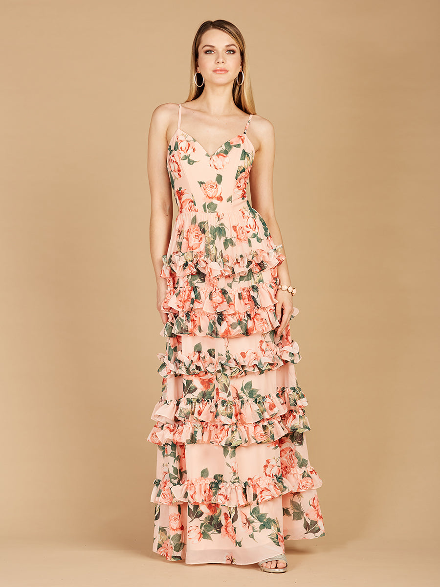 Ruffle Skirt Printed Gown with Spaghetti Straps - OUTLET by Lara New York