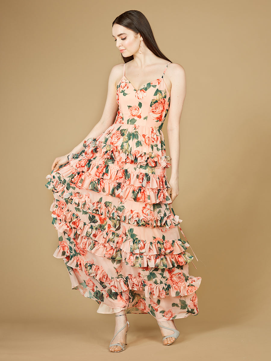 Ruffle Skirt Printed Gown with Spaghetti Straps - OUTLET by Lara New York