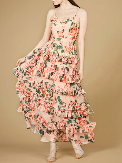 Ruffle Skirt Printed Gown with Spaghetti Straps - OUTLET by Lara New York