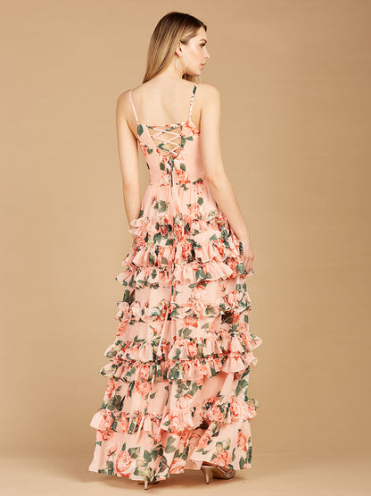 Ruffle Skirt Printed Gown with Spaghetti Straps - OUTLET by Lara New York